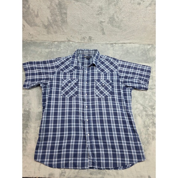 MWG Apparel Other - MWG Apparel Mens XL Short Sleeve Western Pearl Snap Plaid Shirt Navy Blue White